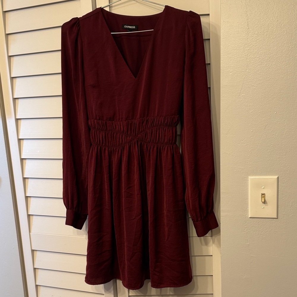 Express Deep Burgundy Long-Sleeve V-Neck Smocked Waist Dress